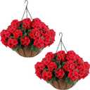 Hananona 2 Set Artificial Red Geraniums Flowers for Outdoors with Hanging Baskets, 2 Hanging Planters with 12 Pcs Red Geranium Flowers for Christmas Front Porch Garden Patio Home Decor (2, Red)