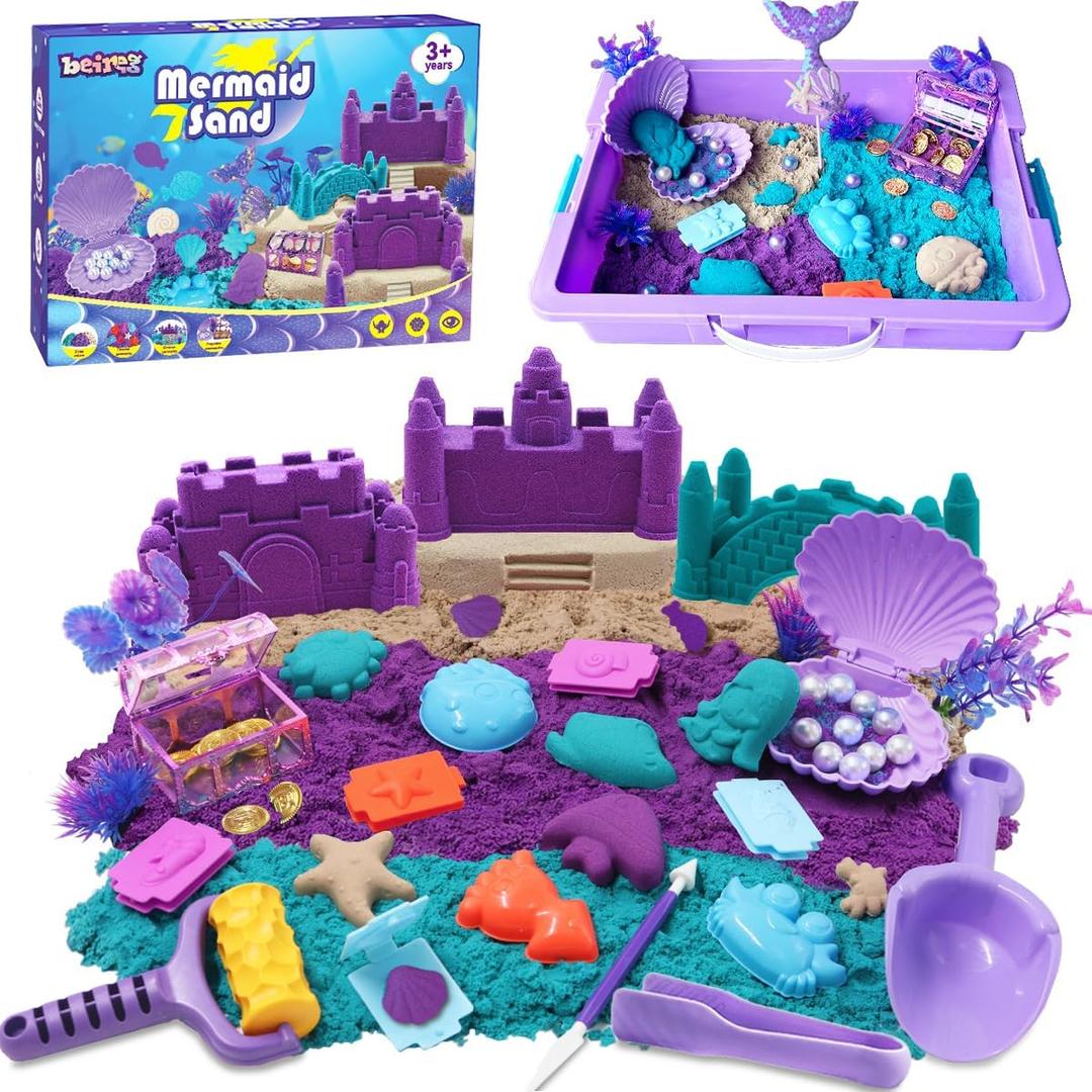 Mermaid Sensory Bin Toys, Over 3lbs Purple/Teal/Beach Sand with Sandbox, 17 Castle Marine Animal Molds 12 Tools Treasure Chest, Sensory Sand Kit Mermaid Toys for Girls 4 5 6 7 8 Gifts