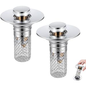 Bathroom Sink Drain Strainer, Pop-up Sink Stopper Hair Catcher with Removable 304 Stainless Steel Strainer Basket Hair Catcher, Bathroom Sink Strainer for Bathroom Sink Stopper Replacement, 2 PCS