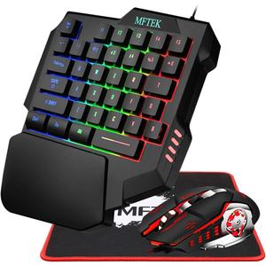 MFTEK One Hand Gaming Keyboard and Mouse Combo, RGB Rainbow Backlit One-Handed Mechanical Feeling Keyboard with Wrist Rest Support, USB Wired Keyboard Mouse and Mouse Pad Set for PC PS4 Gamer
