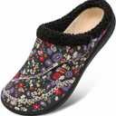 LeIsfIt Womens Wide Slippers Adjustable Diabetic Slippers Warm Cozy Slip on House Slipper Non-slip Memory Foam Winter House Shoes Indoor Outdoor (Black Flower) 9