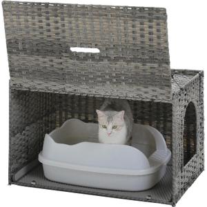 MUTTROS Rattan Cat Litter Box Enclosure - Extra Large Hidden Litter Box Furniture by Handwoven Wicker with Taller Doorway & Raised Edge Mat-Cat House Cabinet for Large Cats Indoor Odor Control, Beige