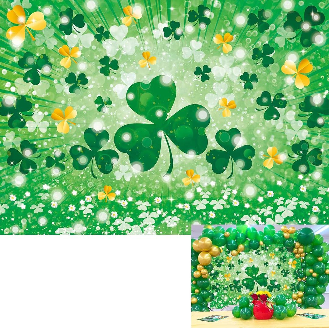 St Patricks Day Photography Background Lucky Shamrock Bokeh Background Golden Green Irish Festival Newborn Baby Kids Party Supplies Banner Props (94x70inch(8x6FT))