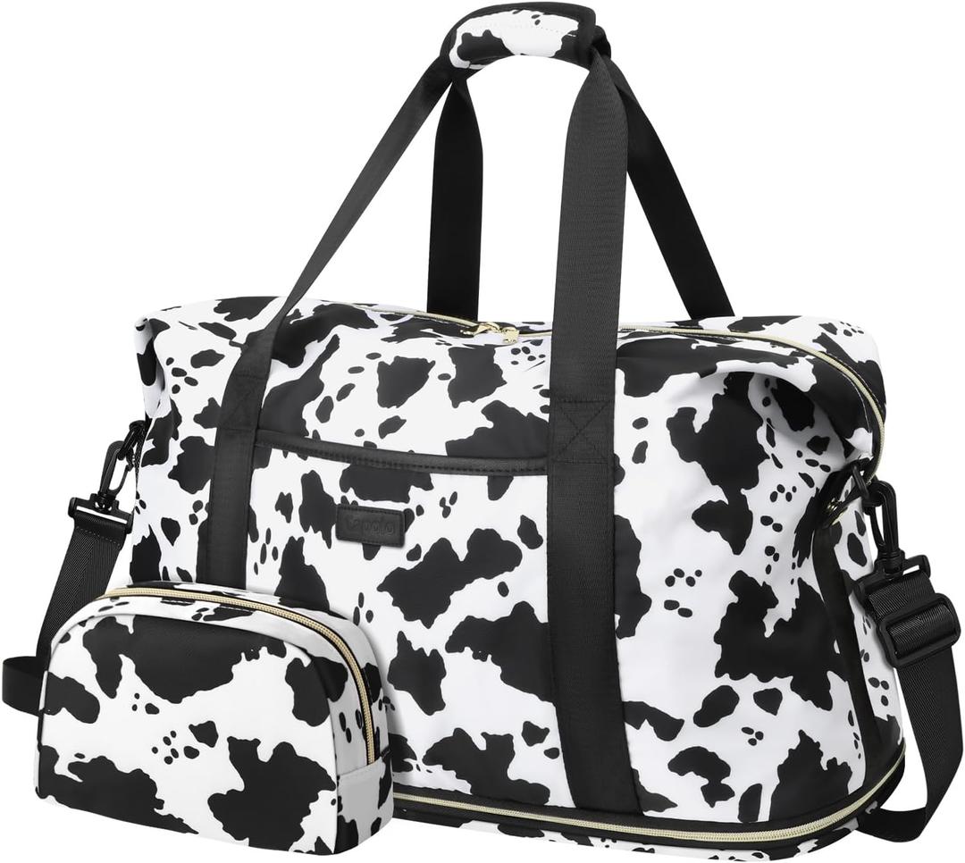Expandable Travel Duffle Bags Weekender Overnight Bags for Women Men Hospital Bag for Women Labor Delivery with Toiletry Bag Waterproof (Large, Cow Print)