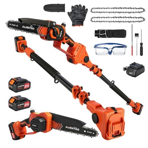 Axientro Electric Pole Saws for Tree Trimming, 2-in-1 Bruless Motor Mini Chainsaw & Pole Saw, 8-in Electric Chainsaw Cordless with Extendsion Pole, 2x4000mAh Li Batteries & Charger, 16FT Max Reach