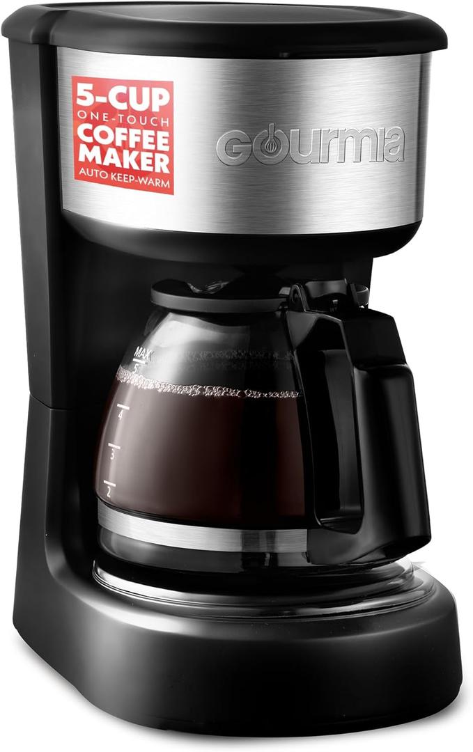Gourmia Coffee Maker 5 Cup, One-Touch Brew, Pause & Serve, Automatic Keep Warm, Stainless Steel Accents, Black