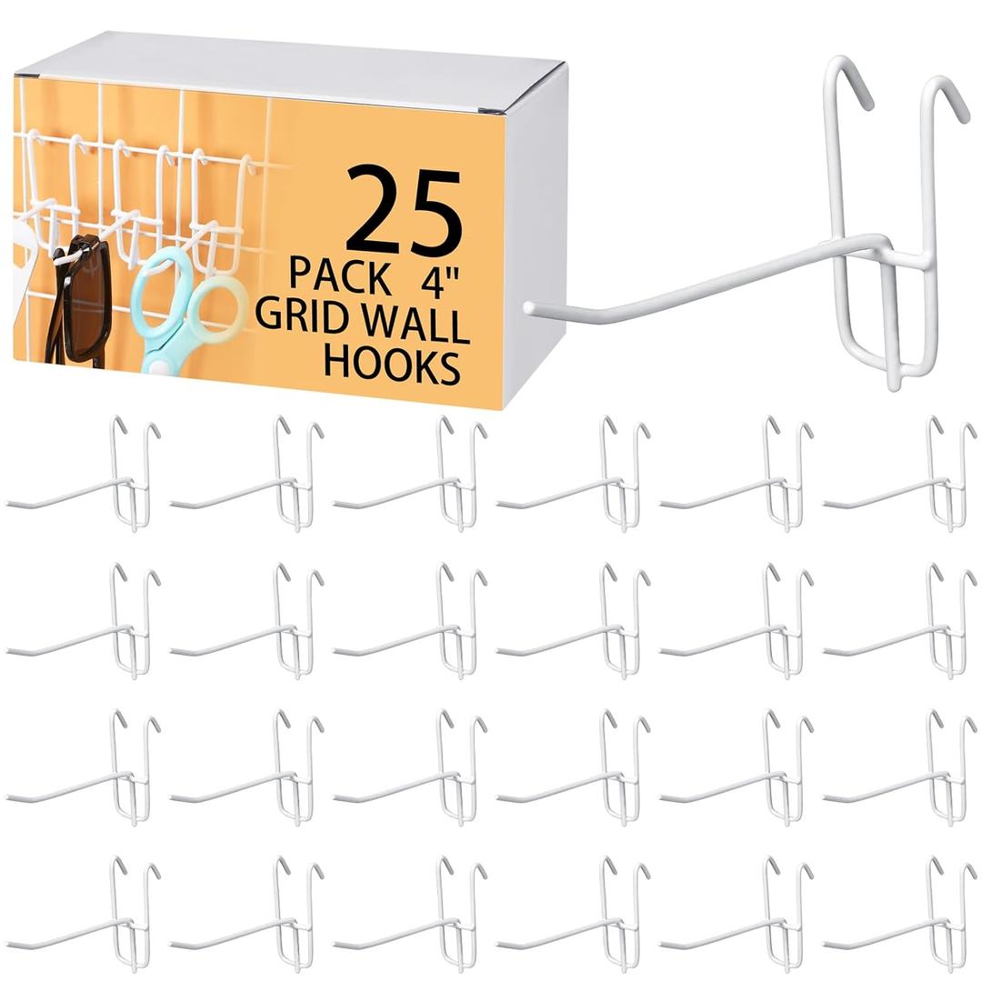 Moxweyeni 4 Inch Grid Wall Hooks 25 Pcs Gridwall Panel Hooks Store Garage Wall Mount Organizers Storage Grid Display Hangers for Retail, Craft Show, Home Setup, Customized Display (White)