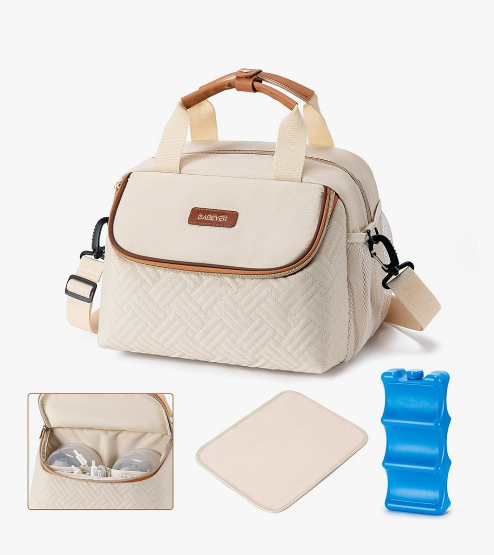 Breastmilk Cooler Bag with Ice Pack Fits 6 Baby Bottles up to 9 Ounce, Wearable Breast Pumps Cooler Bag for Nursing Mom Daycare, Work, Travel- Cream