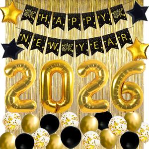 JOJO FLY New Years Eve Party Decorations Kit, Gold 2026 Balloons, Happy New Year Banner, Gold Foil Curtain, Black and Gold Balloons Set, New Years Eve Party Supplies 2026