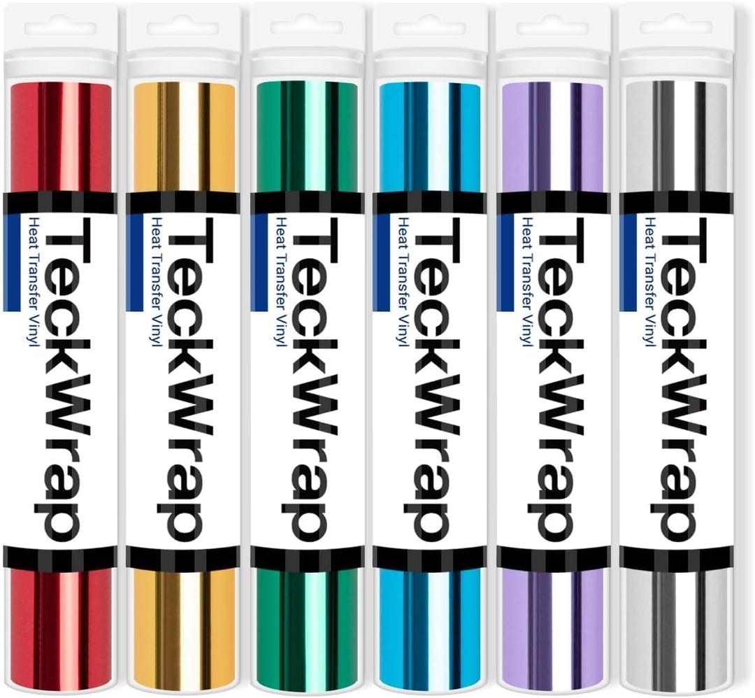 TECKWRAP HTV Iron On Vinyl Bundle, 6 Rolls 12" x3FT Chrome Metallic Heat Transfer Vinyl, Easy to Cut & Transfer, Perfect for T-Shirts, Hoodies, Bags & Crafts