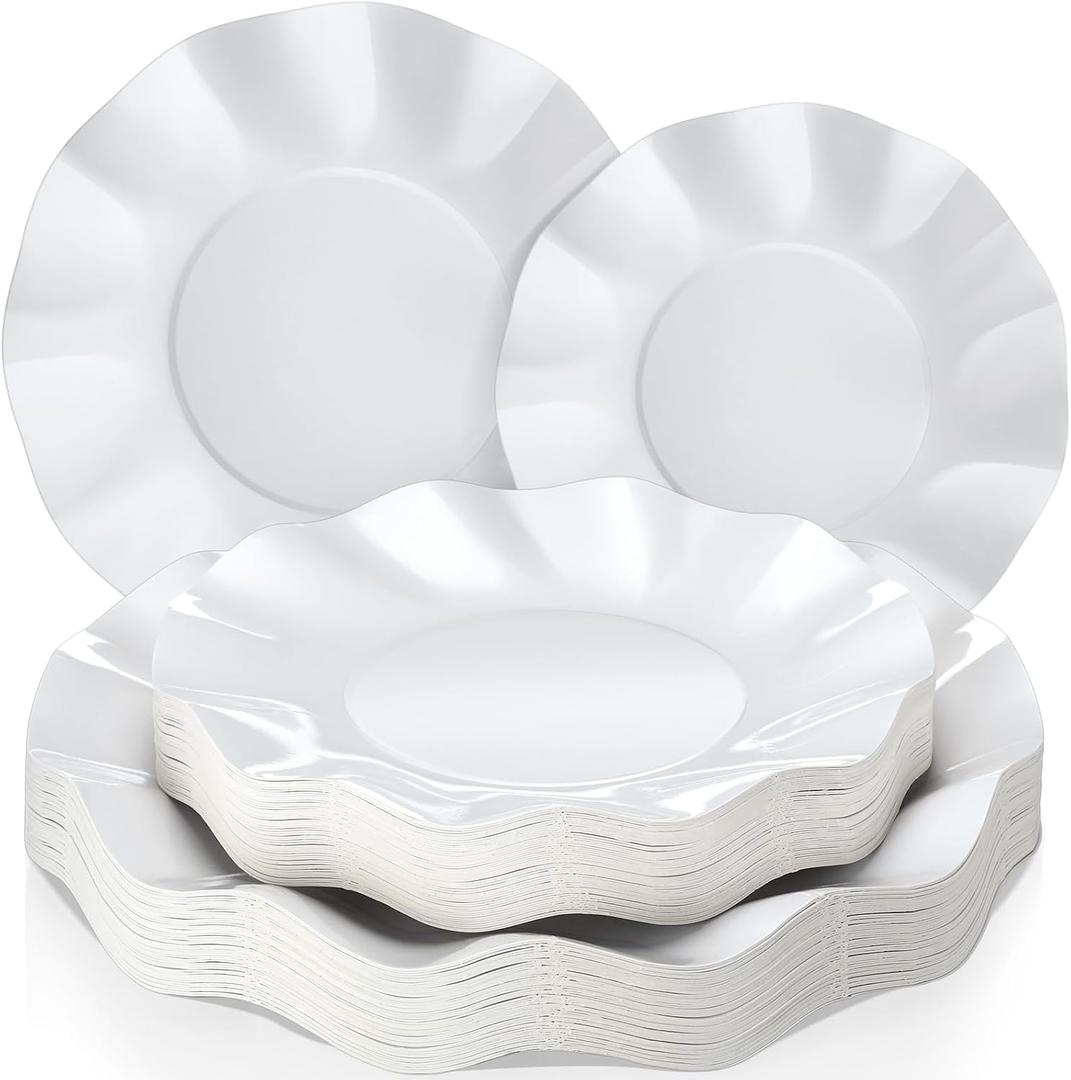 Zhehao White Scalloped Paper Plates Disposable for Guests, 8 Inch & 10 Inch Elegant Paper Dessert Dinner Plate Bulk for Parties, Wedding Baby Shower Bridal Birthday Party Supplies (100 Pcs)