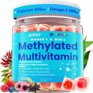 Methylated Multivitamin for Women & Men Gummies w/ Omega-3, Calcium, D3 K2, Methylfolate & B12, TMG, Daily Vitamins, Mag, CoQ10, Probiotic for 18 30 40 50 60 70+, Overall Health - Vegan, Sugar Free. Bbd Jun/2028