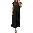 ECOWISH  Women's Pleated Church Maxi Dresses Summer Casual Short Sleeve Crew Neck Flowy Loose Long Sundresses 2025, M