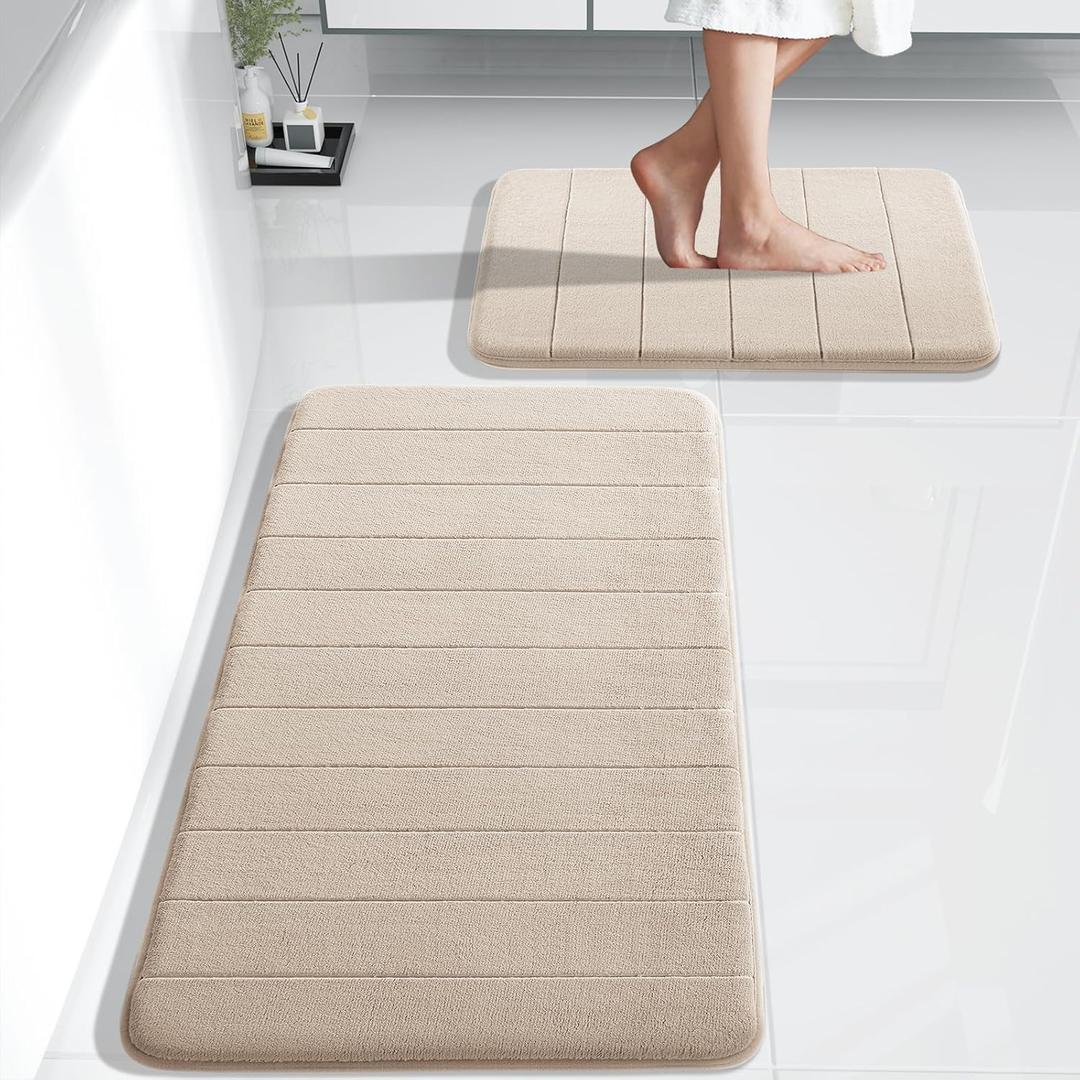 Yimobra Large Bath Mat Set 2 Piece- Super Soft Absorbent Quick Dry Memory Foam Bathroom Rugs, Machine Washable Non Slip Floor Carpet for Tub Shower & Double Vanity (17x24 & 44x24, Beige)