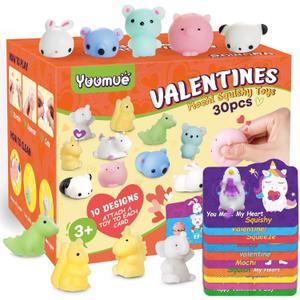30 Pack Valentines Day Gift Cards with Mochi Squishy Toys Set for Kids, Valentine's Greeting Cards with Animals Squishies Toys Valentine School Classroom Exchange Prizes 