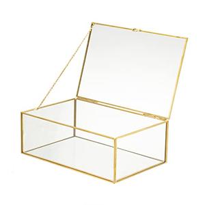 WHSLILR Vintage Glass Jewelry Box Keepsake Box with Hinged Lid and Mirrored Bottom, Great for Storage Trinket/Jewelry/Card/Photo, Gold Decorative Box for Dresser (Glod/Transparent, X-Large)