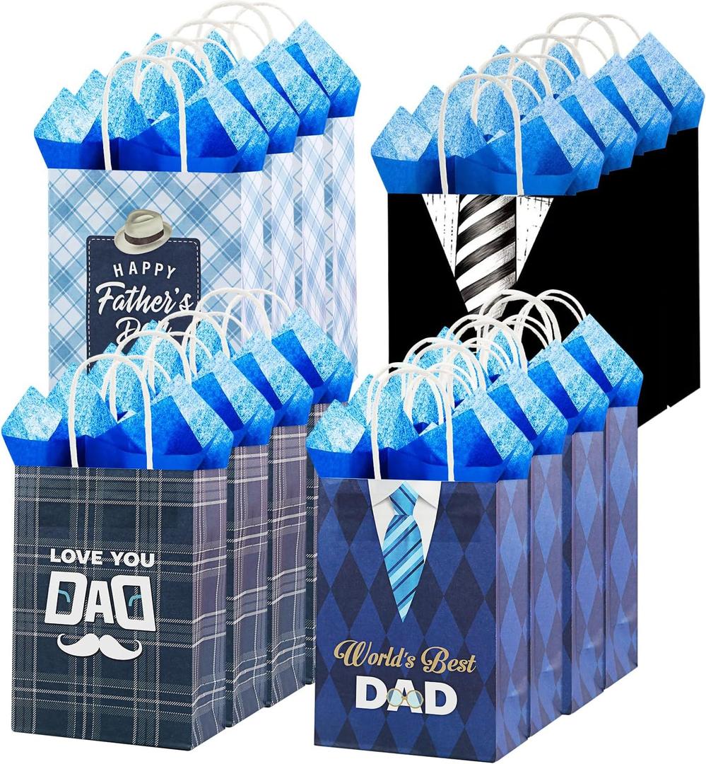 Colodeol 16 Pcs 10.8" Father's Day Bags with Tissue PaperLarge Fathers Day Bag with Handles Fathers Paper Treat Candy Bag Bulk for Dad