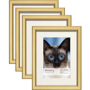 VIOLABBEY 6x8 Picture Frame Set of 4, Gold Photo Frame, Display 4x6 Photo with Mat and 6x8 without Mat, Wall or Tabletop, HD Real Glass (Brush Gold)