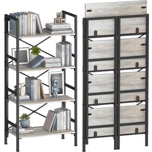 Homeiju Folding Bookshelf,4 Tier Bookcase Foldable Shelf with X-Bracket Design, Adjustable Feet, Space Saving Storage for Living Room, Office, Brownish