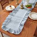 HunnmingRe 1 Pcs Blue Plaid Gingham Ruffle Table Runner 118 x 13.8'' Farmhouse Table Runner 100% Cotton Scalloped Long Dresser Scarves for Dining Room, Wedding, Kitchen Rustic Home Decor