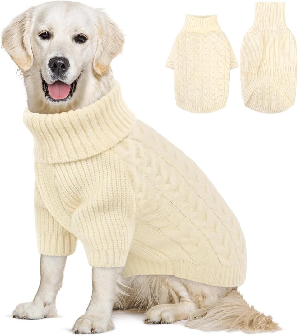 Queenmore XL Dog Sweater, Dog Christmas Sweater, Warm Soft Sweaters for Dogs Girl Boy, Knit Winter Coat for Extra Large Dogs, Pitbull, Boxer (White, XL)