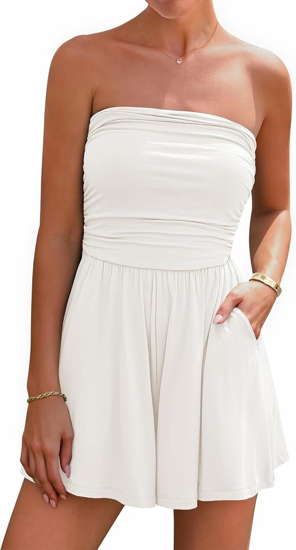 BTFBM Womens Romper Summer 2026 Strapless Tube Tops Beach Vacation Clothes Boho Loose Spring Shorts Jumpsuits Pockets (XX-Large, White)