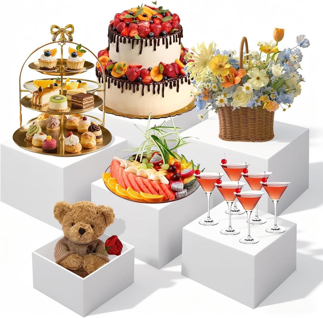 6 Pcs Buffet Risers and Stands, Food Risers for Buffet Table, Display Stand Shelf for Party, Catering, Jewelry & Collectibles, White Acrylic Nesting Boxes for Food Display (3" 4" 5" 6" 7" 8")