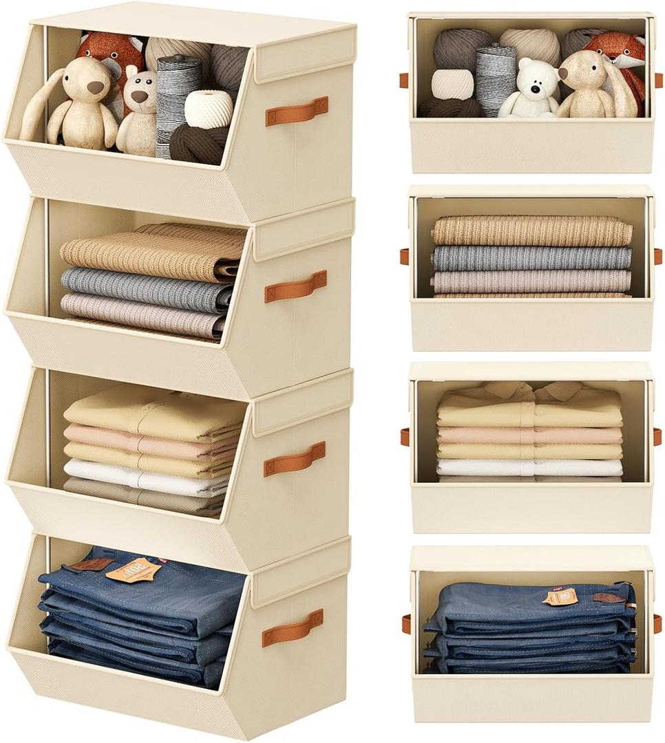 Stackable Closet Organizers and Storage Bins, Open Front Closet Shelf Organizer System With Steel Frame, Clothes Storage Basket Fabric, Collapsible Closet Drawers for Wardrobe, Nursery ,Toy, 4 Pack 11.4 x 12.6 x 9.8