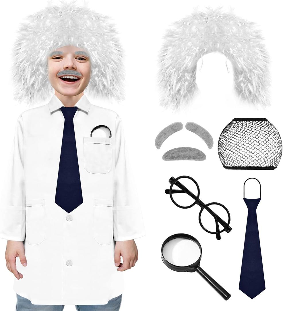 9 Pcs Kids Mad Scientist Costume Albert Einstein Costume with Wig 100th Day of School Old Man for 5-14 Years (X-Large)