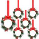 Crowye 6 Pcs Small Mini Christmas Cabinets Wreaths for Kitchen with Ribbon 10'' Hanging Artificial Green Leaves Decor Berry for Window Front Door Kitchen Wall Decor (Red)