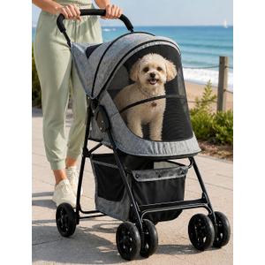 Pet Gear Happy Trails Pet Stroller, Light Sand Zipper Entry, Easy Fold with Removable Liner, Safety Tether, Storage Basket, For Cats/Dogs, 20.5*17.3*7.1 Inches