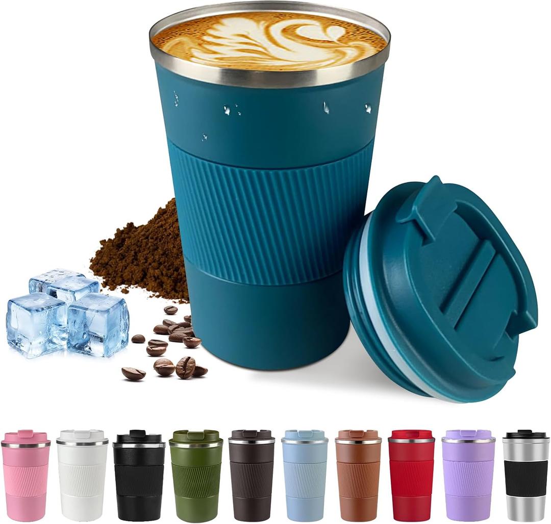 Vacuum-Insulated Stainless Steel Travel Coffee Mug, Leak-Proof Reusable Coffee Cup with Lid - Keep Hot & Cold Drinks for Hours, Durable Insulated Tumbler for Men & Women(3rd-Blue, 12OZ)