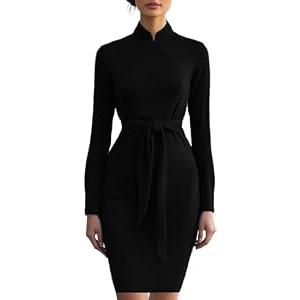 MsavigVice Women Black Work Dresses Long Sleeves Prom Bodycon Ruffle Church Pencil Midi Dress for Women S