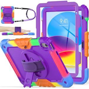 SEYMAC stock Case for iPad (A16) 11th/10th Generation 11''/10.9'' 2025/2022, Full-Body Drop Protection Case with Screen Protector &360° Rotate Hand Strap/Stand, Purple+Colorful