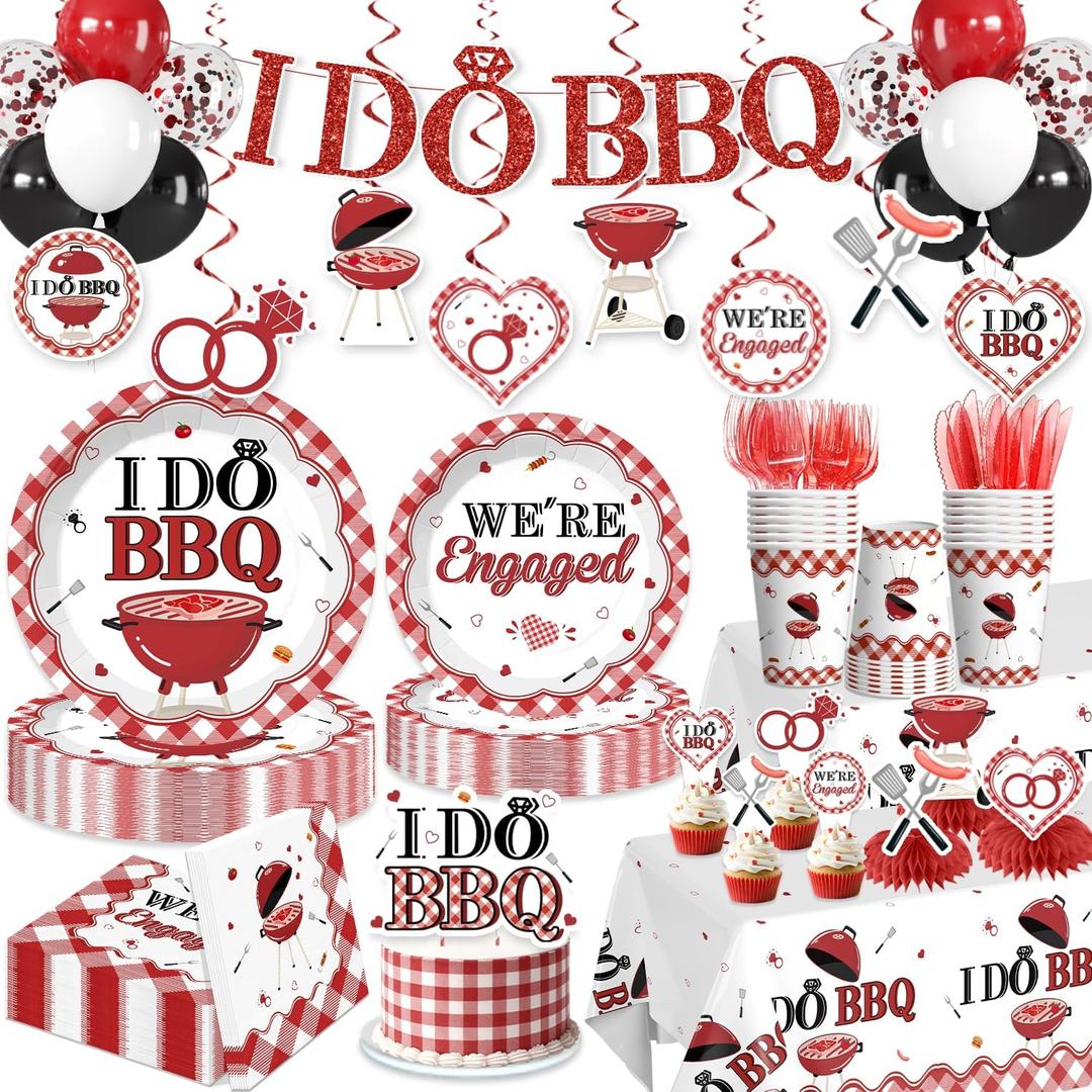 205 Pcs I DO BBQ Decorations - Serves 25 Guests - All-in-One Picnic Party Decorations Kit Includes 350psm Plates, Tablecloths and Toppers, BBQ Themed Party Supplies