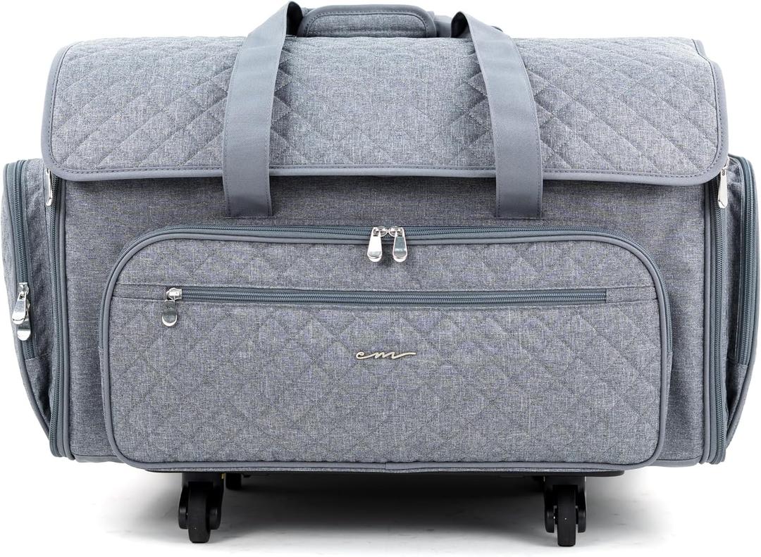 Everything Mary XXL Rolling Sewing Machine Case – Grey Quilted Craft Bag with 4 Wheels – Spacious Storage Organizer with Pockets for Sewing & Craft Supplies,  Grey Quilted