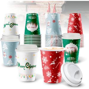 Christmas Disposable Coffee Cups with Lids 12 oz, To Go Coffee Cups, Holiday Paper Cups for Hot Chocolate, Hot Cocoa, Drinks Supplies, Xmas Dinner Party - 40 Pack