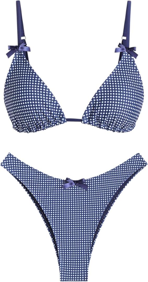 seamoly Women's Bikini Sets Tie Back Bowknot Two Piece Swimsuits Triangle Thong Bathing Suit Gingham Floral Cherry Printing (S)