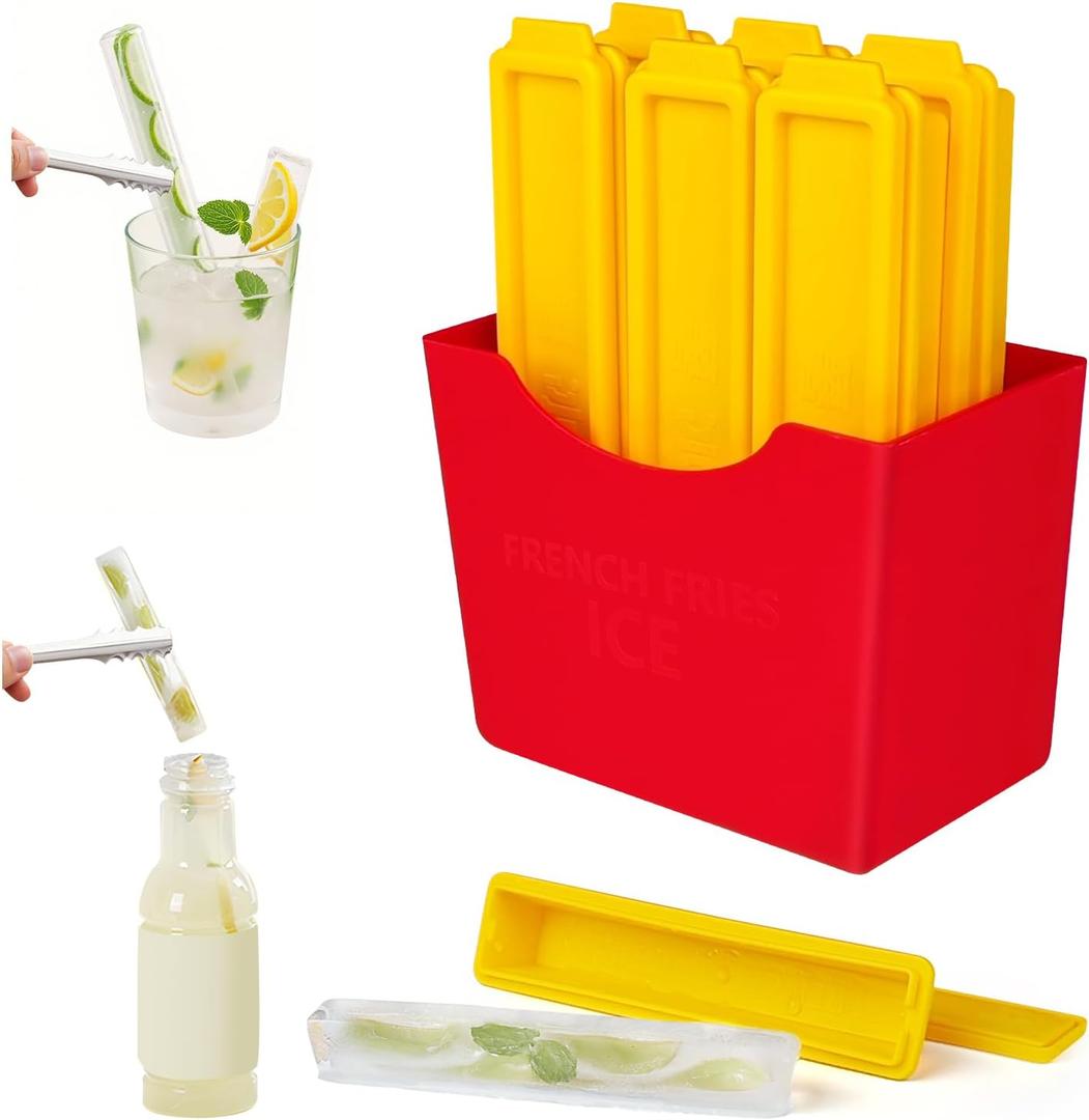 French Fries Shape Ice Cube Tray - 6-Piece Long Thin Ice Mold Set for Narrow Bottles, Fun French Fries Design with Magnetic Storage Box, Easy Release for Summer Drinks (Juice, Coffee, Soda, Cocktails)
