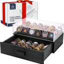 Large Black Wooden Challenge Coin Display Case with Clear Cover - Military Coin Display Case Holds 36 Coins on Top & 36 in The Storage Drawer - Versatile Coin Stand Holder & Poker Chip Display Case