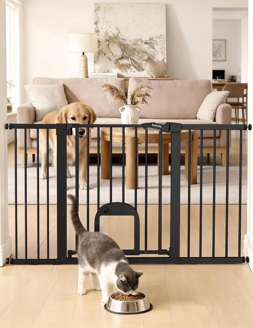 Babelio Extra Wide Dog Gate with Small Cat Door, CatPrivilege III, 29-55"