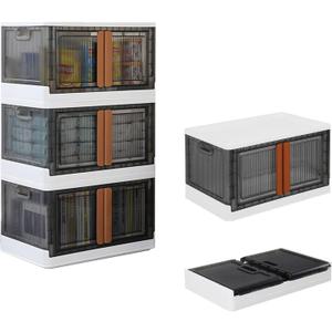 FAHKNS 3 Pack 19 Gallon Collapsible Storage Boxes, Lidded Storage Box with Door and Wheels for Clothes, Tools, Office Supplies, Large Folding Storage Box for Home, White