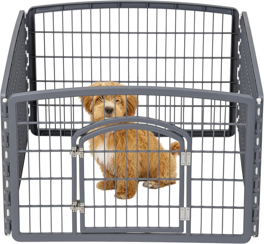 IRIS USA 24" Exercise 4-Panel Pet Playpen with Door, Dog Playpen, Puppy Playpen, Small and Medium Dogs, Keep Pets Secure, Easy Assemble, Rust-Free, Heavy-Duty Molded Plastic, Customizable, Gray