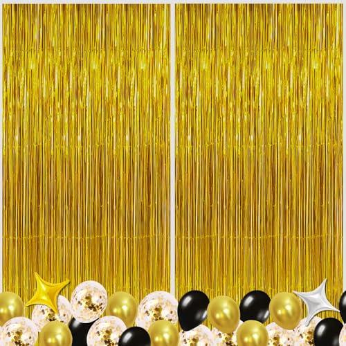 Gold Foil Fringe Curtain Party Decor Kit – 2-Pack Rain Curtains, Balloons & Accessories (16 Gold + 14 Black Latex, 2 Foil Balloons, Balloon Chain, Ribbon) for Birthday, Wedding, Holiday Parties