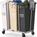 PLKOW Laundry Sorter 3 Section, 220L Large Laundry Cart with Wheels 3 Hamper Laundry Sorter with Steel Frame and Removable Bag, Rolling Laundry Cart for Home, Laundry Room, Hotel, 6 Bushel (White+Khaki+Black-220L)
