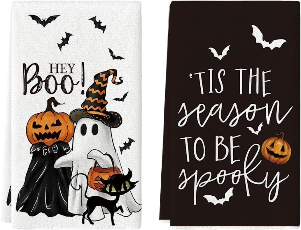 Artoid Mode Ghost Pumpkins Bats Cat Hey Boo Halloween Kitchen Towels Dish Towels, 18x26 Inch Seasonal Decoration Hand Towels Set of 2