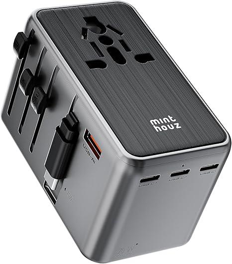 Minthouz Universal Travel Adapter, International 70W Power Adapter GaN Fast Charger with 3 USB-C PD, 1 USB-C Cable & A Ports, All-in-One Portable AC Power Plug Adapter for USA EU UK AUS