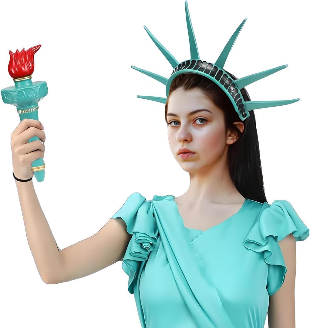 Statue of Liberty Torch and Crown Headband, Lady Liberty Accessories for Women Independence Day Cosplay (Teal)