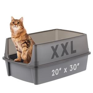 IRIS USA Extra Large Cat Litter Box XXL Open Top High Sided Walls Scatter Shield Scoop Included Easy Clean Plastic Pan for Big Cats Multi-Cat Households 30" L x 20" W x 14" H Gray 