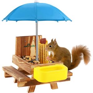 MIXXIDEA Wooden Squirrel Feeder Table with Water Bowl, Squirrel Picnic Table for Outside with Umbrella, Brown Squirrel Feeder with Corn Cob Holder Cute Chipmunk Feeder (Blue)